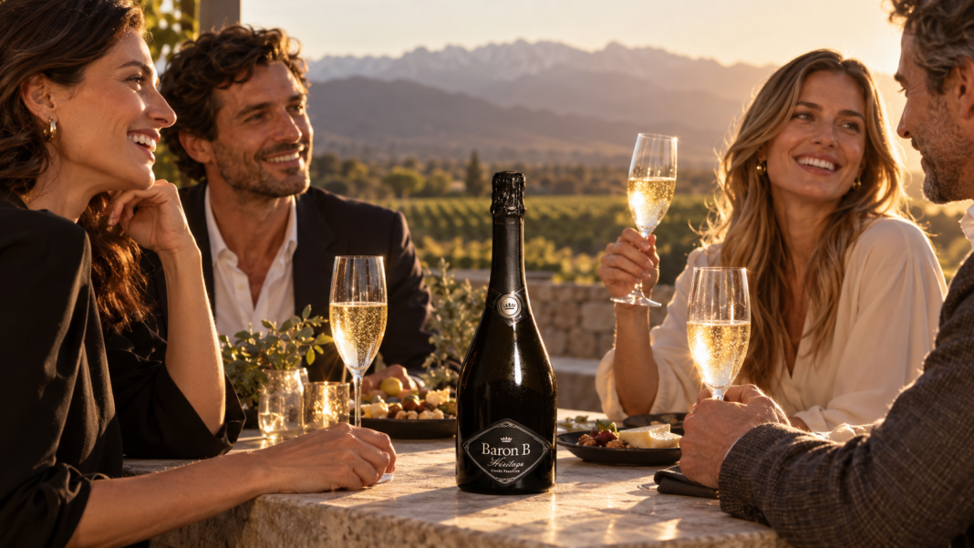 Brindis dorado entre viñedos y montañas